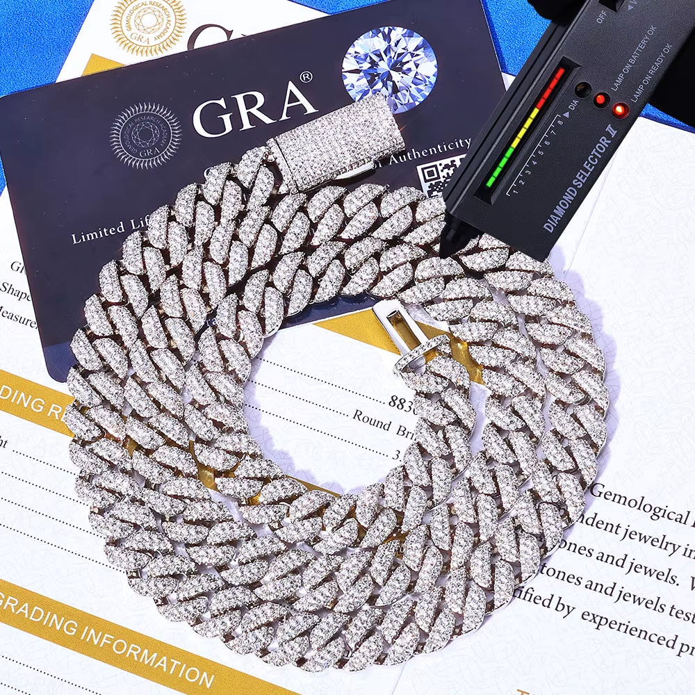 NUOYA 10Mm 925 Silver Flip Buckle 3 Rows Diamond Cuban Chain Iced Out VVS Moissanite Cuban Necklace Hip Hop Jewelry