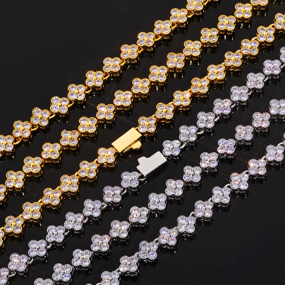 NUOYA Women'S Gold Plated Diamond Chain Necklace Four Leaf Clover Plum Blossom Shiny Zircon Hip Hop Jewelry