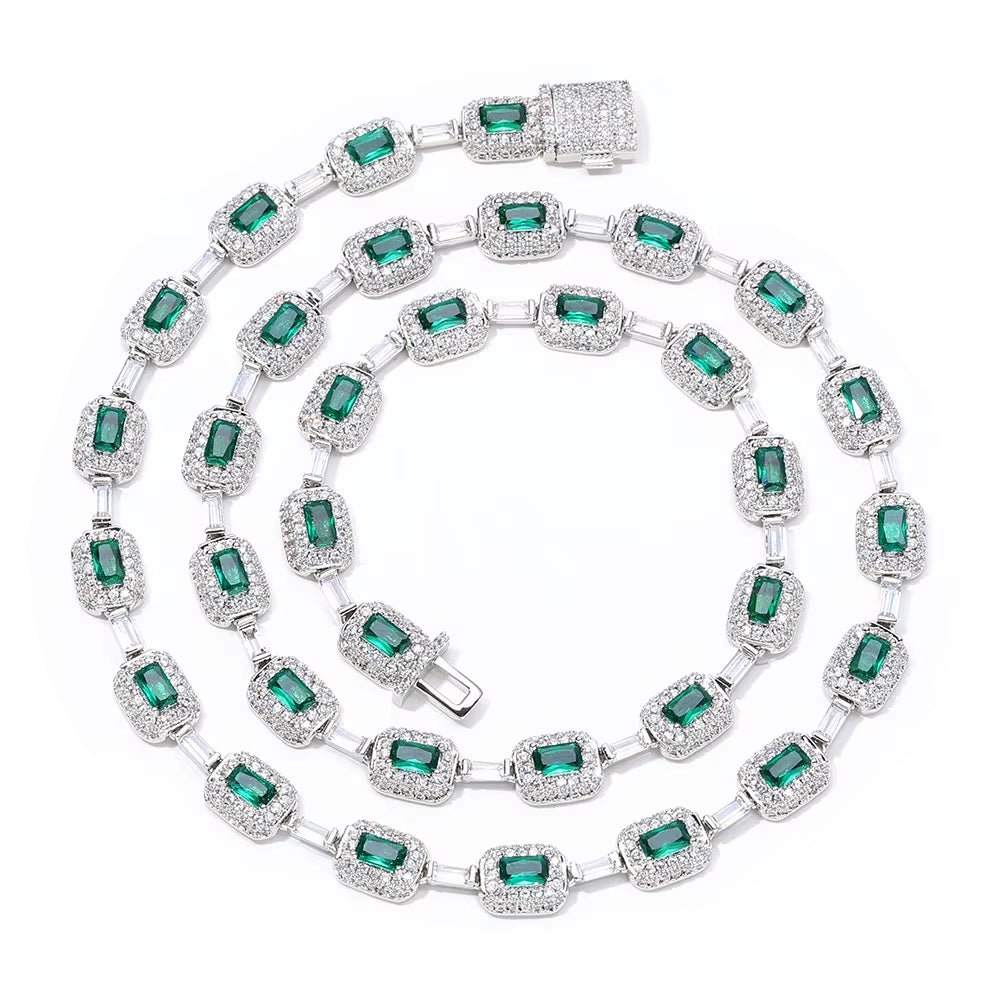 Baguette Diamond Link Chain Necklace Silver Plated Micro Pave Emerald Zircon Bling Hip Hop Fine Jewelry - MCROONS.COM