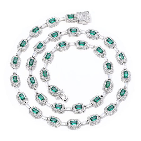 Baguette Diamond Link Chain Necklace Silver Plated Micro Pave Emerald Zircon Bling Hip Hop Fine Jewelry - MCROONS.COM