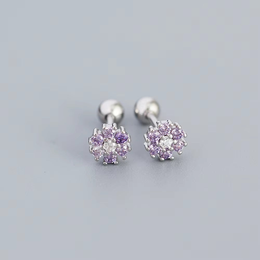 KR Colored Zircon Earrings S925 Sterling Silver Ins Style Flower Inlaid Diamond Screws Earrings Wholesale