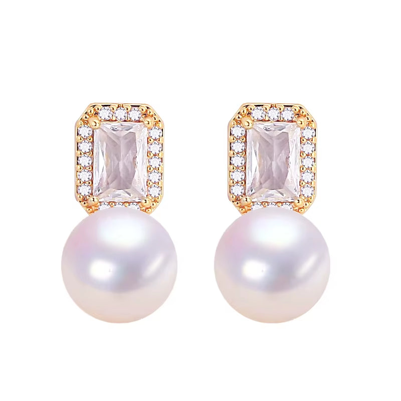 2024 Wholesale Women'S Natural Pearl Stud Earrings 18K Gold Plated Square Zircon S925 Silver Needle Jewelry