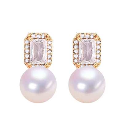 2024 Wholesale Women'S Natural Pearl Stud Earrings 18K Gold Plated Square Zircon S925 Silver Needle Jewelry