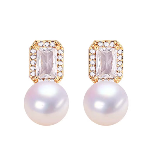 2024 Wholesale Women'S Natural Pearl Stud Earrings 18K Gold Plated Square Zircon S925 Silver Needle Jewelry