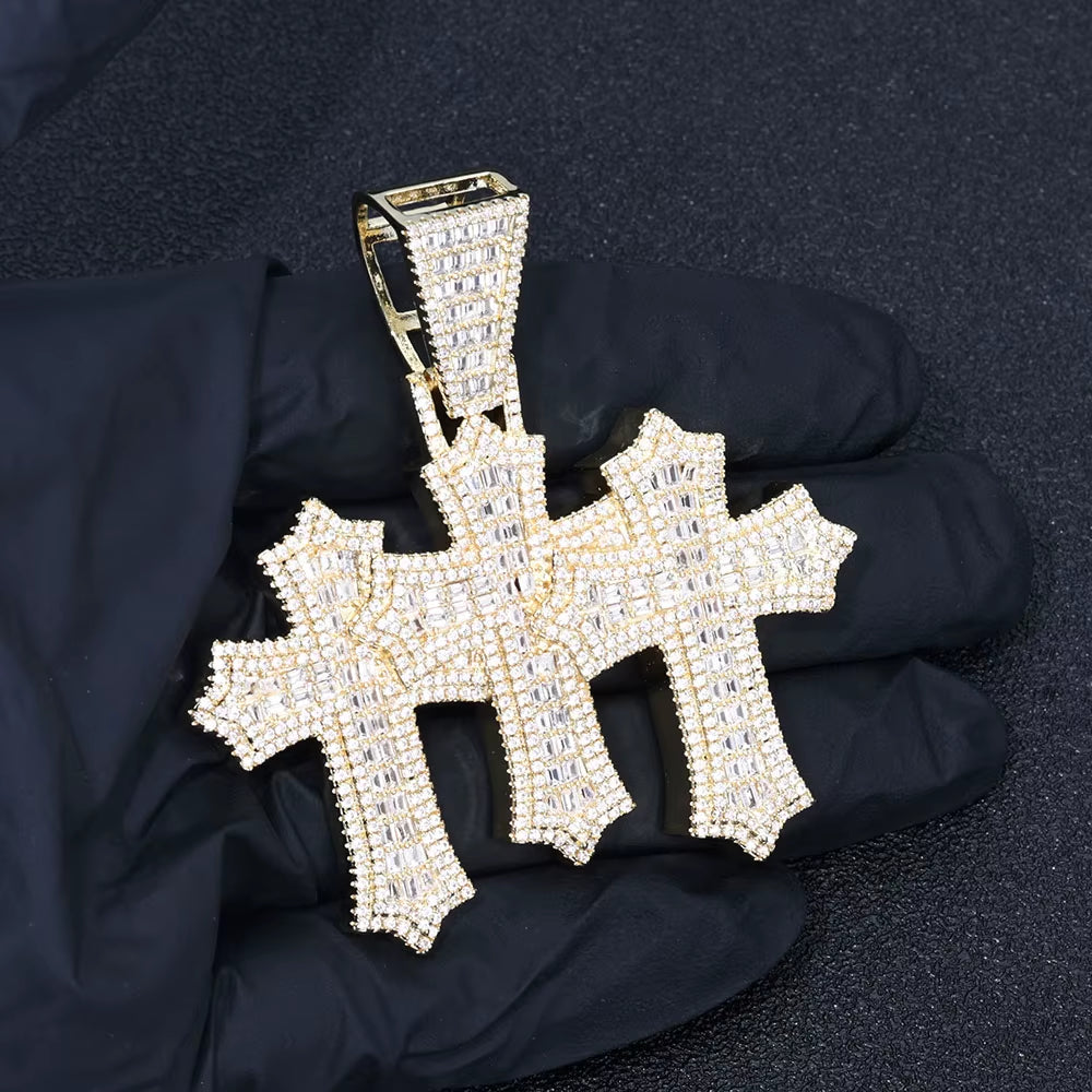 NUOYA High Quality 3-In-1 Micro Pave Bling Baguette Cubic Zirconia Cross Pendant Silver Gold Plated Brass Diamond Charm Pendants