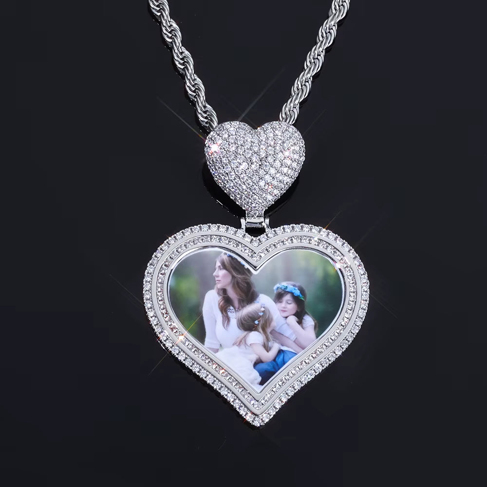 NUOYA Hot Sale Heart Hook Picture Memory Medallions Pendants Hiphop Bling Cubic Zircon Heart Photo Pendant Jewelry