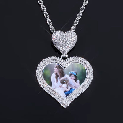 NUOYA Hot Sale Heart Hook Picture Memory Medallions Pendants Hiphop Bling Cubic Zircon Heart Photo Pendant Jewelry