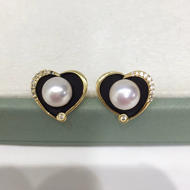 2024 High Quality Black Heart Real Freshwater Pearl Earrings Silver Ear Needle Woman Gift