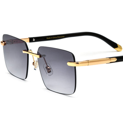 Rimless Square Sunglasses with Buffalo Horn Temple - Black Grey Lens - MCROONS