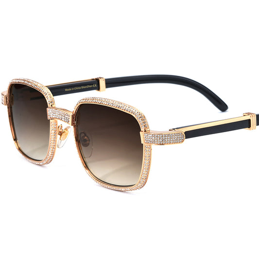 Diamante Square Sunglasses with Horn-Effect Temple - Black - MCROONS
