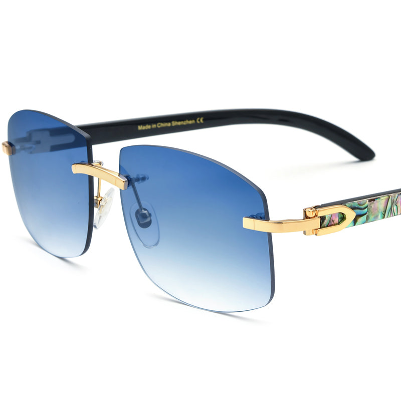Rimless Square Sunglasses with Horn and Shell Temple - Blue - MCROONS