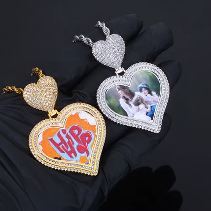 NUOYA Hot Sale Heart Hook Picture Memory Medallions Pendants Hiphop Bling Cubic Zircon Heart Photo Pendant Jewelry