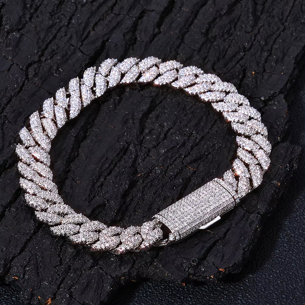 NUOYA 10Mm 925 Silver Flip Clasp Bracelet 3 Row Cuban Chain Iced VVS Moissanite Hip Hop Luxury Jewelry