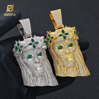 NUOYA Large Heavy Jesus Pendant Necklace Hip Hop Style Bling Green Zircon Four Leaf Clover Jesus Pendant Jewelry