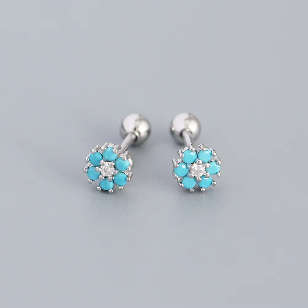KR Colored Zircon Earrings S925 Sterling Silver Ins Style Flower Inlaid Diamond Screws Earrings Wholesale