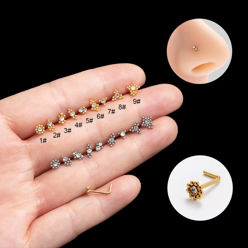 YW Hot Sales Stainless Steel Mini CZ L Shaped Nose Stud Nose Rings for Women Nose Piercing Jewelry