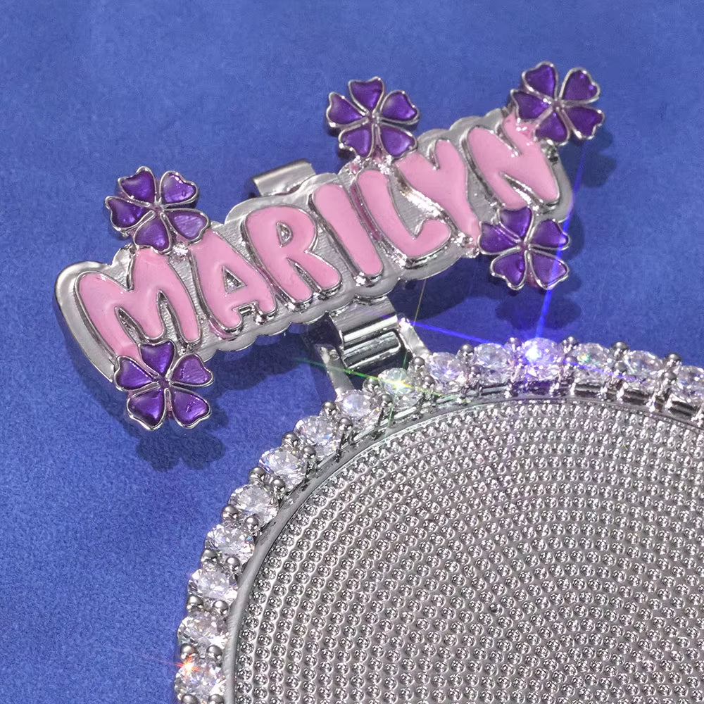 NUOYA Custom Name Photo Pendant Hip Hop Jewelry Iced Out Diamond Large Hook Pink Pendant Silver Memorial Gift for Men Women