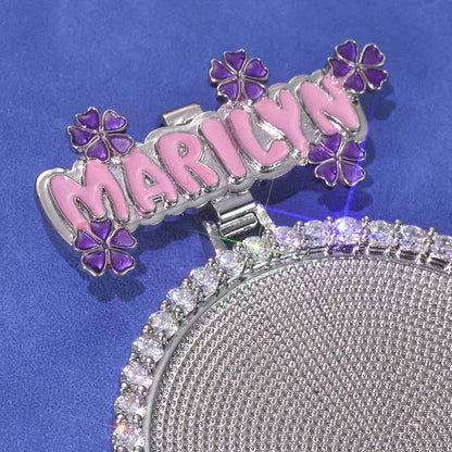 NUOYA Custom Name Photo Pendant Hip Hop Jewelry Iced Out Diamond Large Hook Pink Pendant Silver Memorial Gift for Men Women