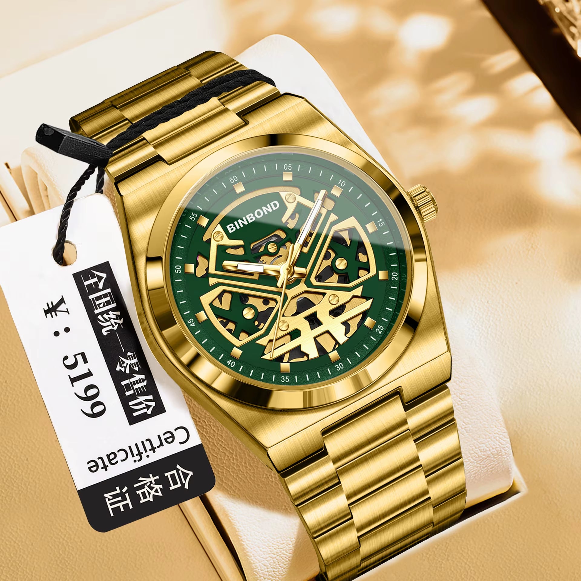 Luxury Men'S Stainless Steel Quartz Watch Binbond Hot Selling Classic Style Hollowed Out High-Quality Luminous Wrist Watch