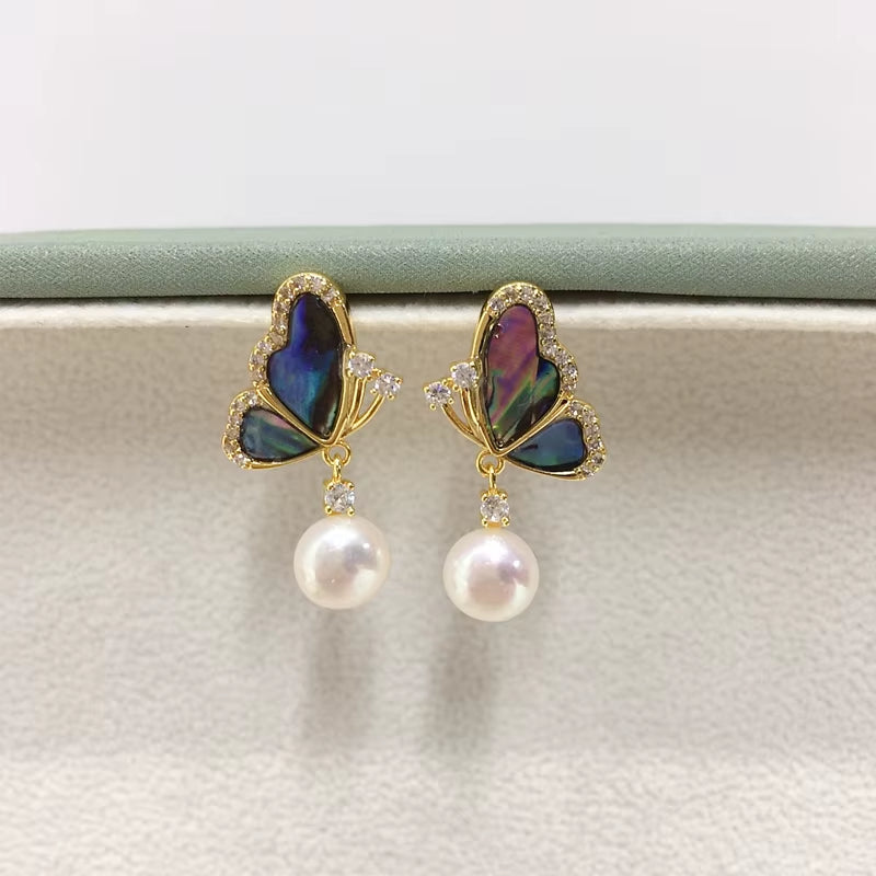 Wholesale Abalone Shell Butterfly 5A Grade Natural Freshwater Pearl Stud Earrings for Women High Quality Jewelry