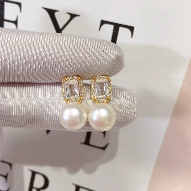 2024 Wholesale Women'S Natural Pearl Stud Earrings 18K Gold Plated Square Zircon S925 Silver Needle Jewelry