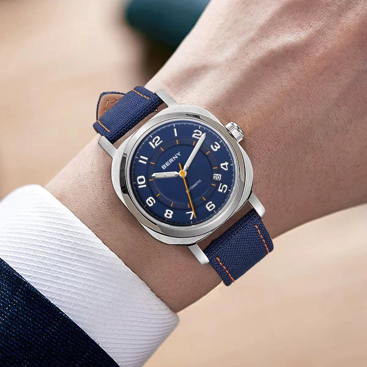 Mechanical Watch for Men Pillow 38Mm Case Cushion Sapphire Super Luminous Hands Wristwatch Canvas Calendar Watch for Men