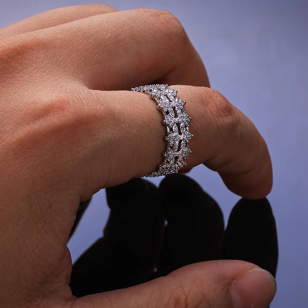 NUOYA New Arrival 8Mm Double Row Cross Ring 925 Silver White VVS Moissanite Iced Bling Design Women'S Fine Jewelry