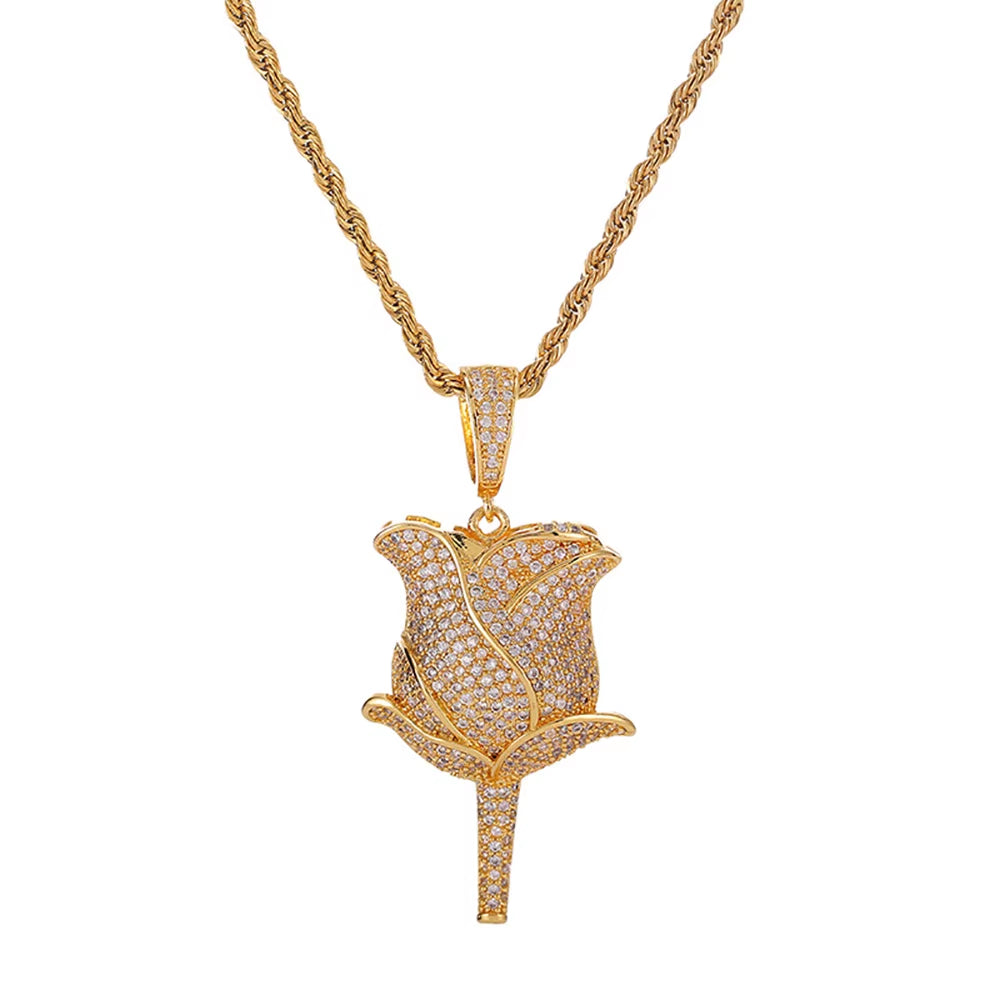 New Hip Hop Style 18K Gold Rose Flower Pendant Necklace Full Pave Zircon Charms for Women Fine Diamond Rose Flower Pendant