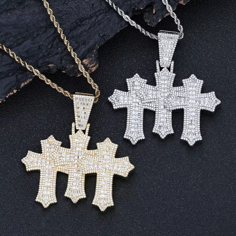 NUOYA High Quality 3-In-1 Micro Pave Bling Baguette Cubic Zirconia Cross Pendant Silver Gold Plated Brass Diamond Charm Pendants