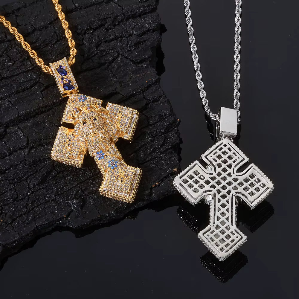 NUOYA Gold Plated Iced Out Cross Pendant Mixed Inlay Baguette Zircon Bling Jesus Hip Hop Pendant Gift Fine Jewelry