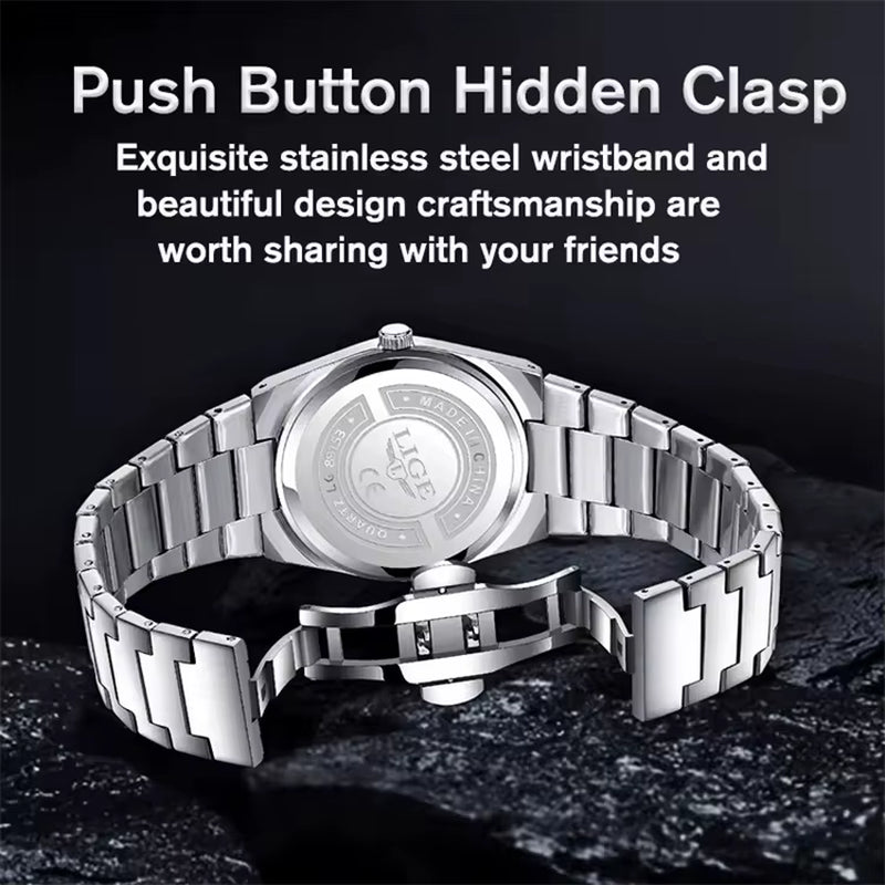 LIGE 89153 Watch for Man 3Atm Waterproof Luminous Date Week Stainless Steel Wristwatches Casual Quartz Men'S Watches Male Clock