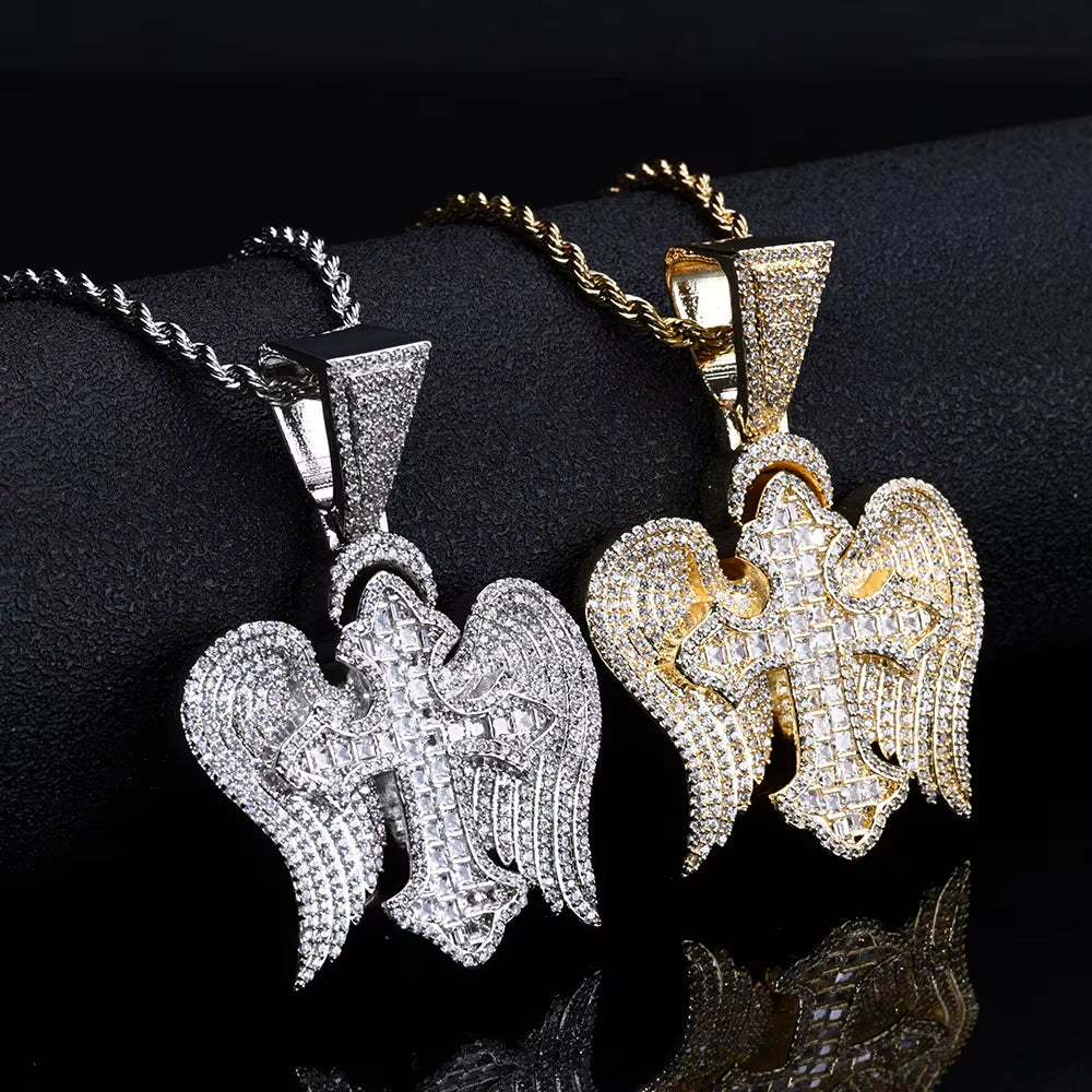 NUOYA Hip Hop Jewelyr Iced Out Diamond Cross Pendant White Gold Full Pave Shiny Zircon Angel Wings Cross Pendant for Gift