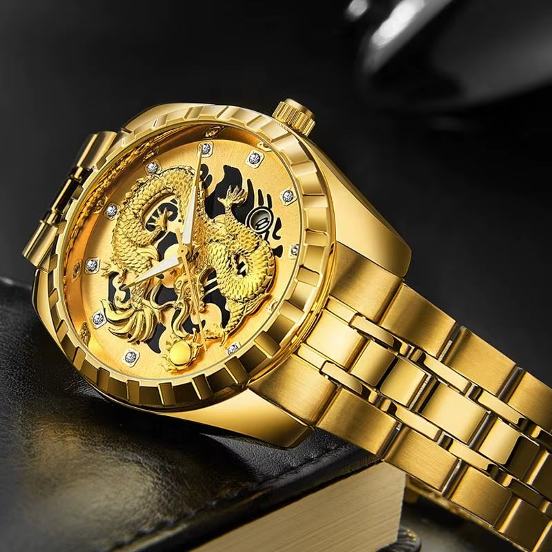 Luxury Men Watch Quartz Watches Gold Dragon Stainless Steel Quartz Watches Waterproof Wholesale Custom Logo Wristwatches