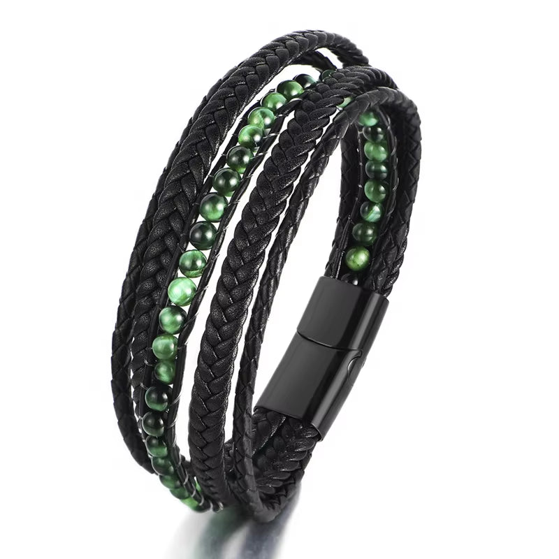 Wholesale Mens Bead Bracelets Stainless Steel Handmade Woven Leather Bracelet Men