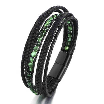 Wholesale Mens Bead Bracelets Stainless Steel Handmade Woven Leather Bracelet Men