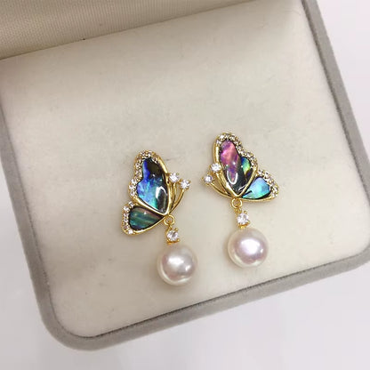 Wholesale Abalone Shell Butterfly 5A Grade Natural Freshwater Pearl Stud Earrings for Women High Quality Jewelry