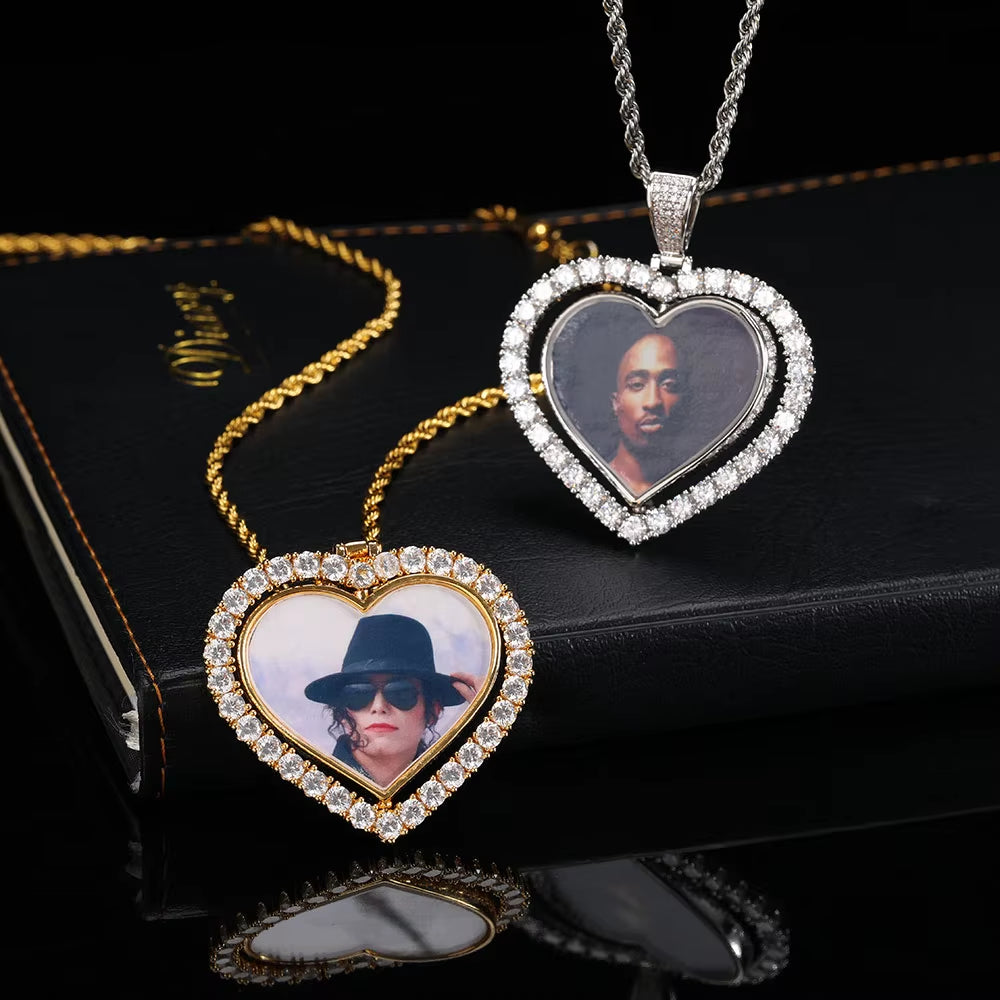 NUOYA Custom Rotating Heart Photo Pendant Iced Out Diamond Memory Picture Pendant Hip Hop Jewelry for Gifts