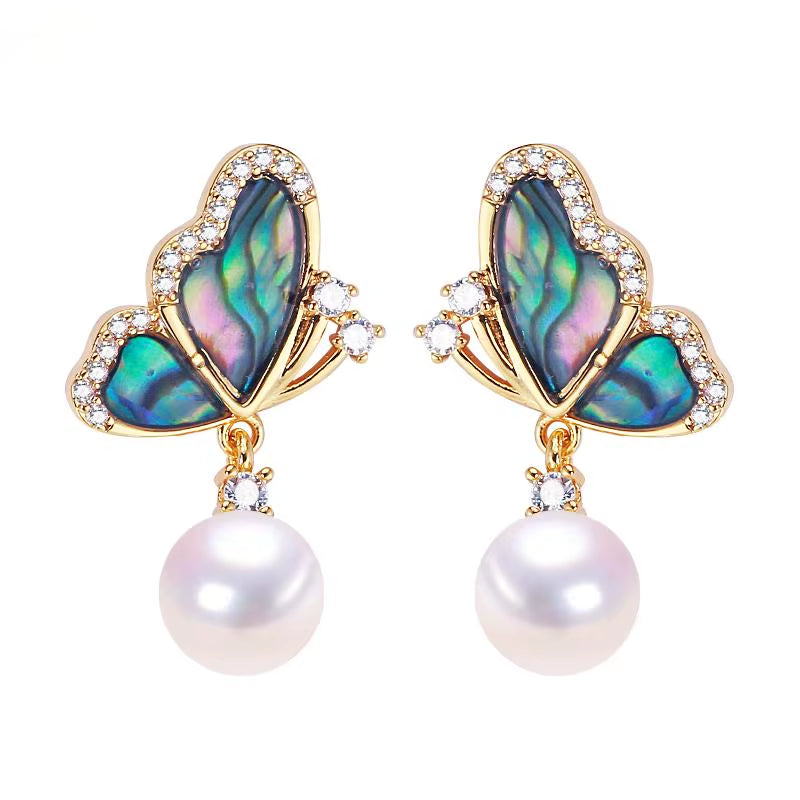 Wholesale Abalone Shell Butterfly 5A Grade Natural Freshwater Pearl Stud Earrings for Women High Quality Jewelry
