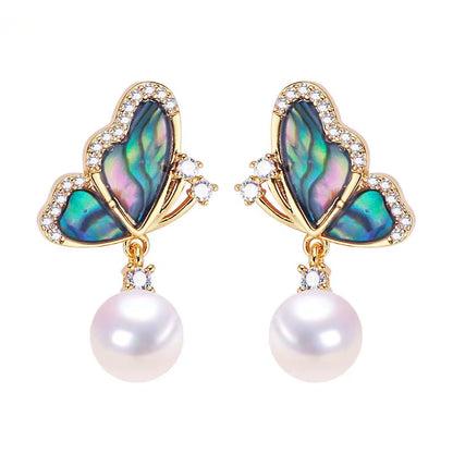 Wholesale Abalone Shell Butterfly 5A Grade Natural Freshwater Pearl Stud Earrings for Women High Quality Jewelry