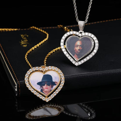 Custom Rotating Heart Photo Pendant Iced Out Diamond Memory Picture Pendant Hip Hop Jewelry for Gifts - MCROONS.COM