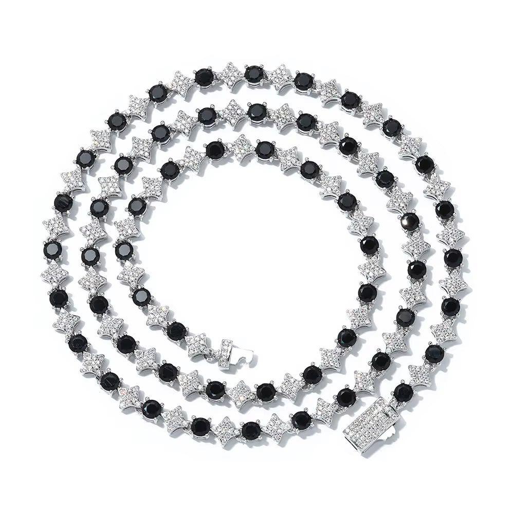 NUOYA Iced Out Tennis Chain Necklace 6Mm Spring Lock Clasp round Zircon Star Design Sparkling Diamond Hip Hop Jewelry