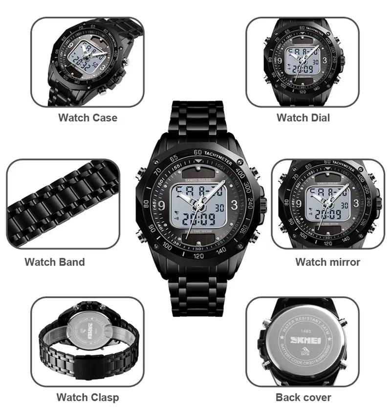 Skmei Wholesale Solar Watches Men Analog Digital Stainless Steel Wristwatches #1493