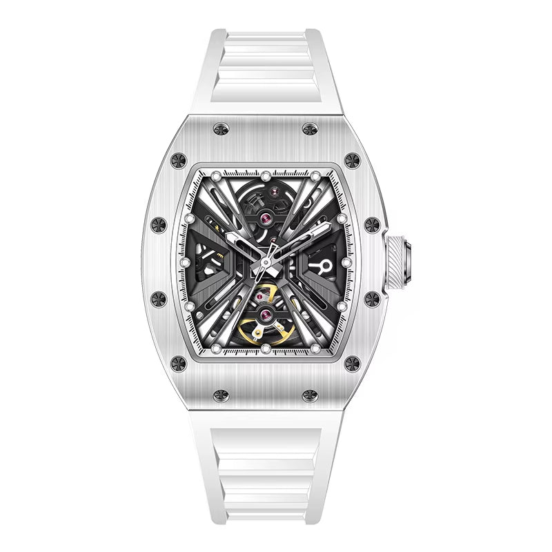 Men'S Trendy Luxury Skeleton Mechanical Watch Luminous Carbon Fiber Barrel-Type with Silicone Band Summer Type