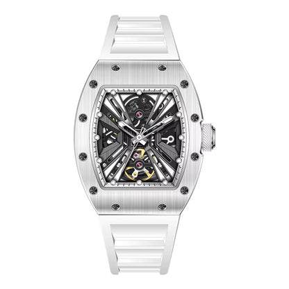 Men'S Trendy Luxury Skeleton Mechanical Watch Luminous Carbon Fiber Barrel-Type with Silicone Band Summer Type