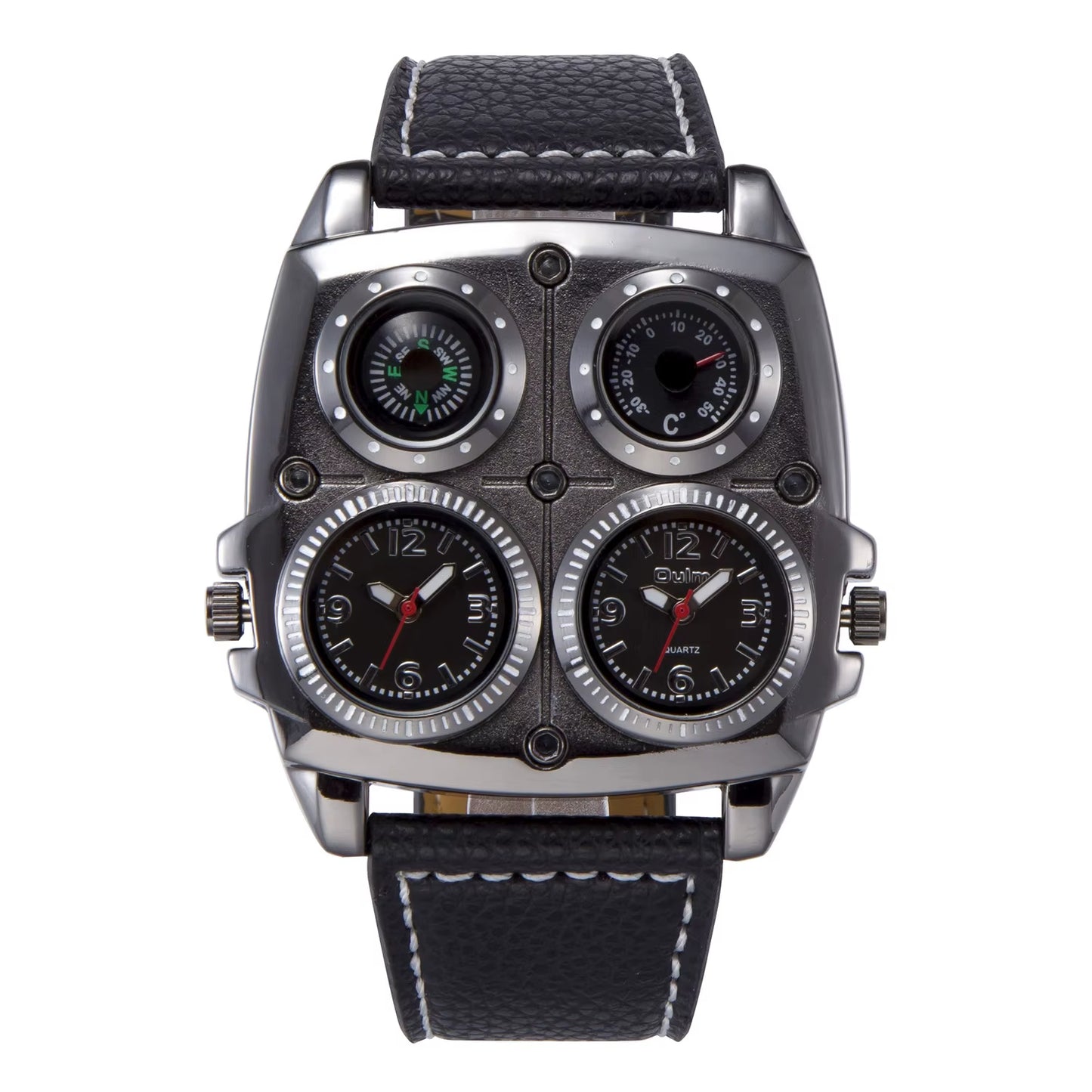 Oulm Men'S Watches Two Time Zone Pilot Style Watch Big Size Quartz Clock Male Leather Strap Wristwatch