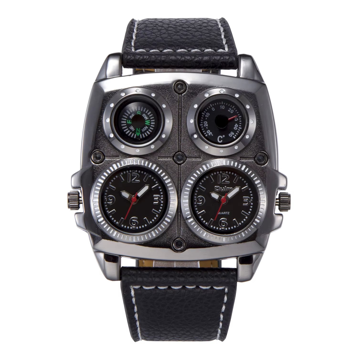 Oulm Men'S Watches Two Time Zone Pilot Style Watch Big Size Quartz Clock Male Leather Strap Wristwatch