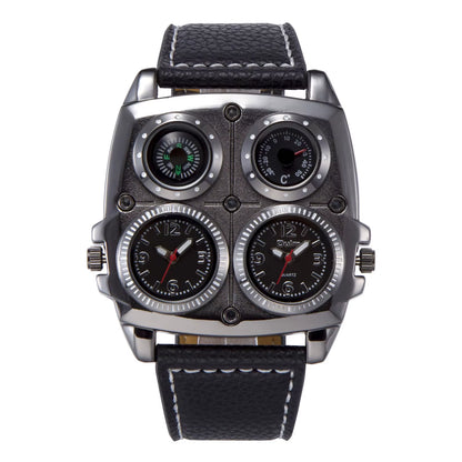 Oulm Men'S Watches Two Time Zone Pilot Style Watch Big Size Quartz Clock Male Leather Strap Wristwatch