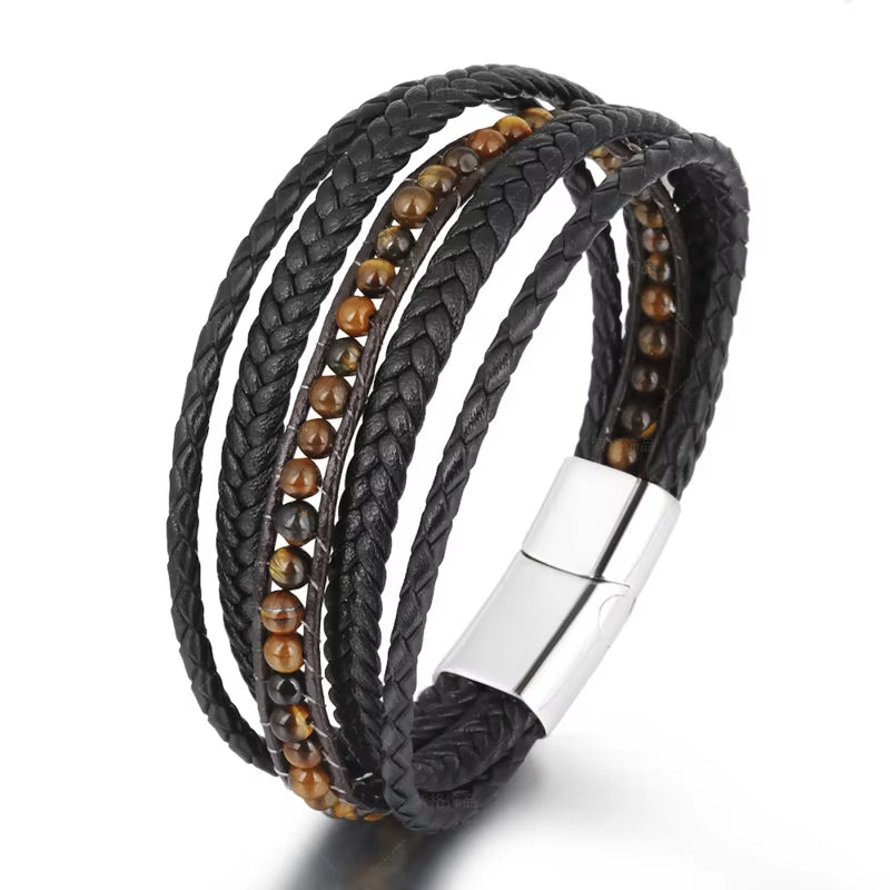 Wholesale Mens Bead Bracelets Stainless Steel Handmade Woven Leather Bracelet Men