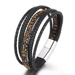 Wholesale Mens Bead Bracelets Stainless Steel Handmade Woven Leather Bracelet Men