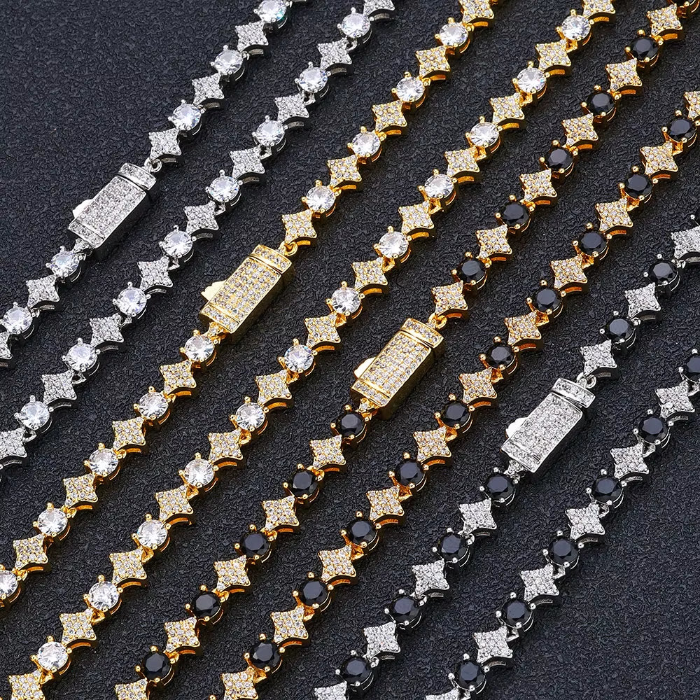 NUOYA Iced Out Tennis Chain Necklace 6Mm Spring Lock Clasp round Zircon Star Design Sparkling Diamond Hip Hop Jewelry